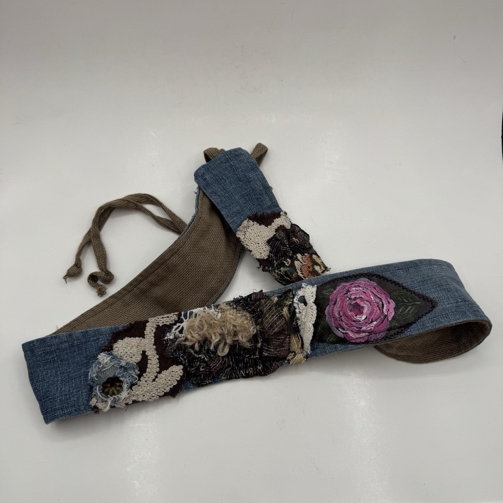 Boho Chic Concert Western Denim Belt Painted Florals Fringe Lace Waist Festival